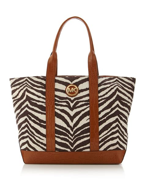 Michael Kors Cream Brown Zebra Canvas Purse Black Leather 